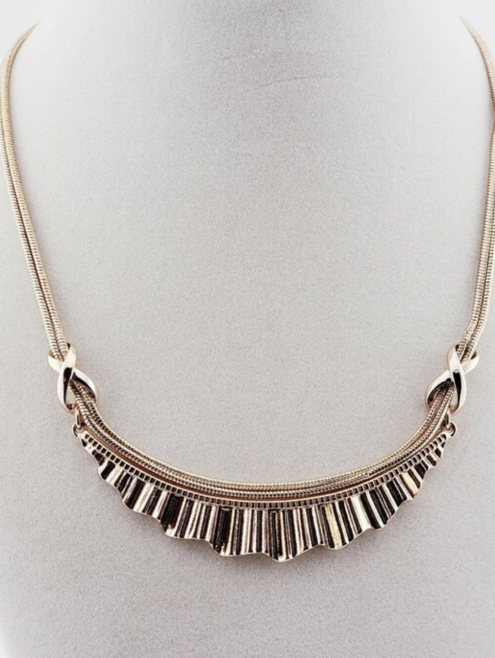 Elegant Gold Tone Two Chained Ribbed Wavy Statement X Necklace